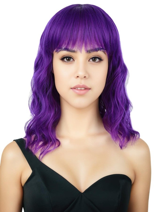 morvally Short Wavy Wig with Bangs for Women 16 Inches Natural Synthetic Hair Bob Wigs (Dark Purple) - Image 1